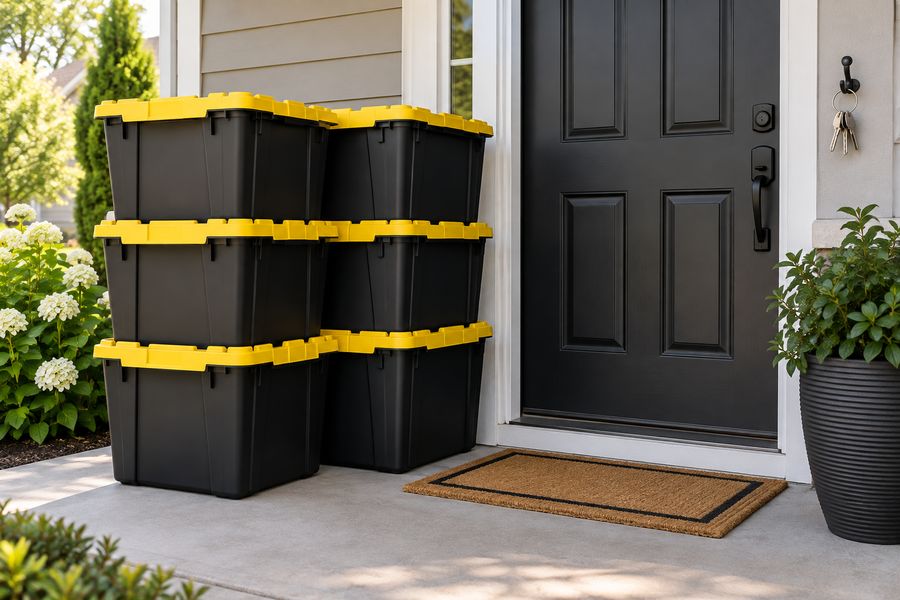 Packed Totes4U moving totes stacked by a front door with keys on a hook
