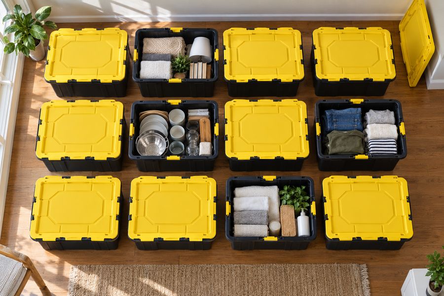 Overhead view of packed black and yellow moving totes arranged in rows