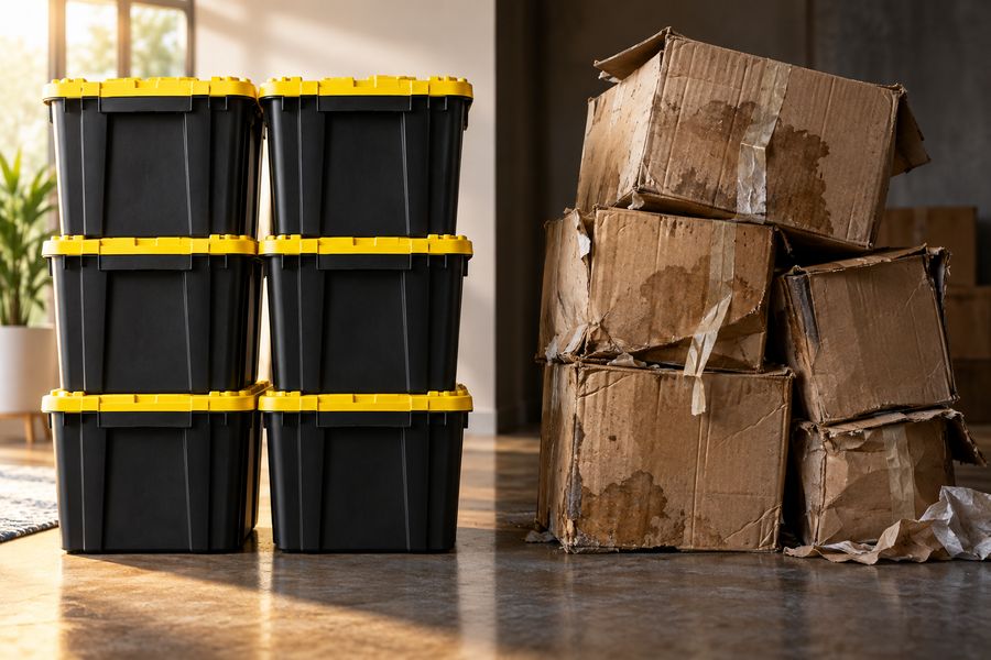 Clean stack of plastic moving totes beside a pile of collapsing cardboard boxes