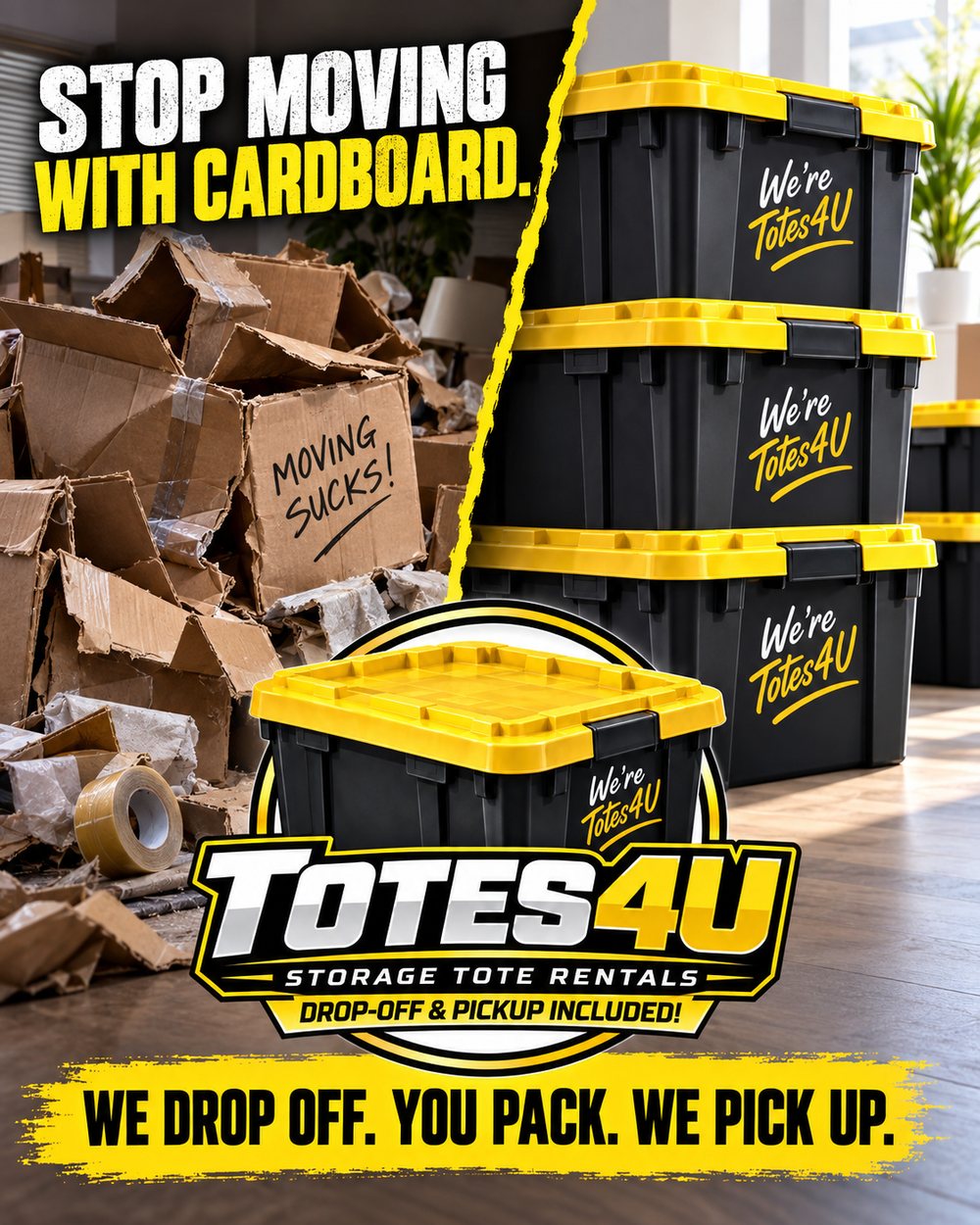 Stop moving with cardboard. A pile of crushed cardboard boxes next to a clean stack of black and yellow Totes4U moving totes. We drop off, you pack, we pick up.