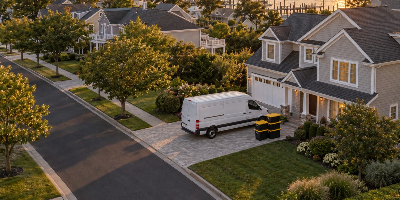 Aerial view of an Ocean County NJ bayside neighborhood with a Totes4U delivery van and moving totes in a driveway